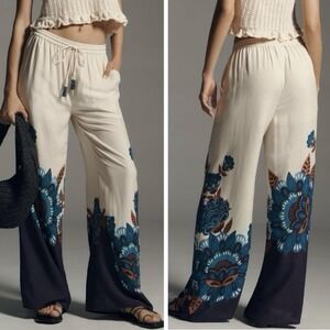 FARM RIO X Anthropologie Floral Print Martina Pants Women's Med Blue Wide-Leg